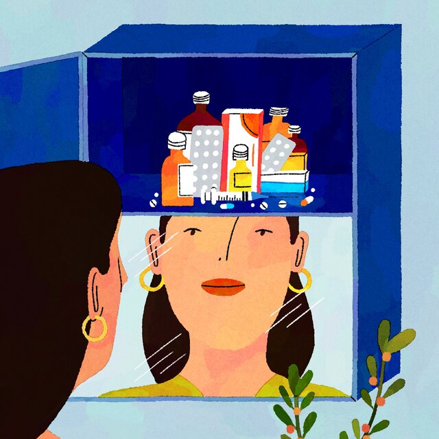 An illustration of a figure looking at their reflection in an open medicine cabinet. On the upper shelf of the cabinet is a collection of medication bottles, pill blister packs, and a syringe. 
