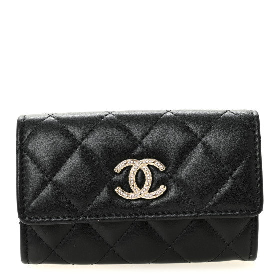 CHANEL Shiny Lambskin Quilted Textured CC Card Holder Black