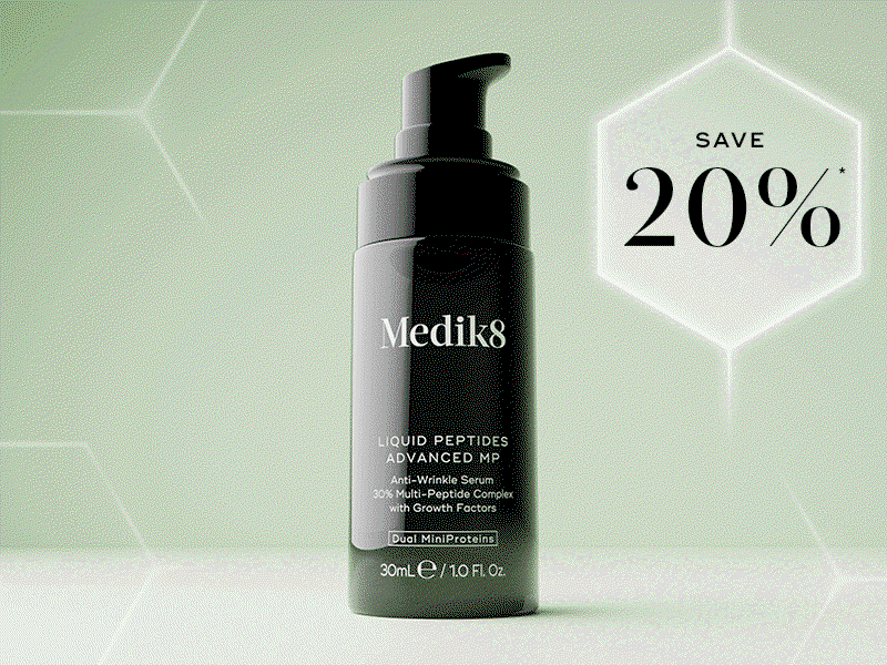 Rotating banner showing different Medik8 bestselling skincare products on a soft green background, each with a “Save 20%” promotional badge.