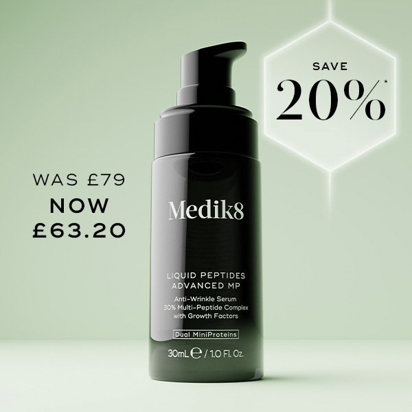Medik8 Liquid Peptides serum with “Save 20%” and discounted price shown.