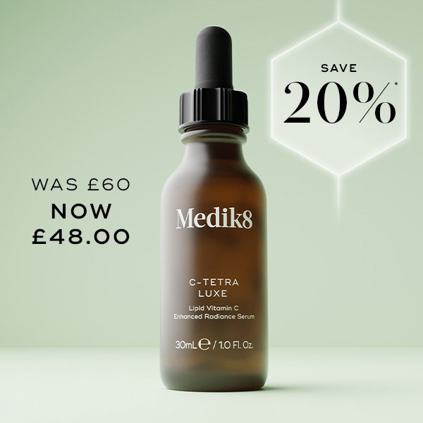 Medik8 C-Tetra Luxe serum with “Save 20%” and discounted price shown.