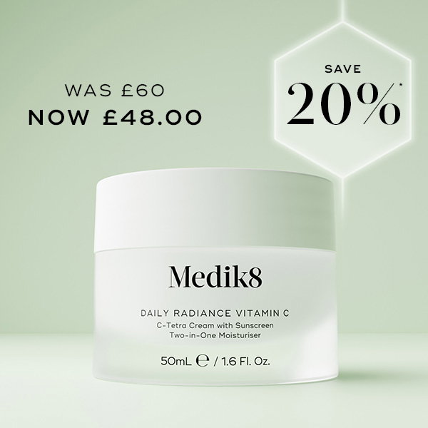 Medik8 Daily Radiance Vitamin C moisturiser with “Save 20%” and discounted price shown.