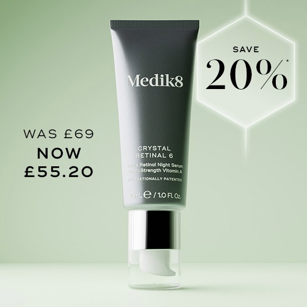 Medik8 Crystal Retinal serum with “Save 20%” and discounted price displayed.