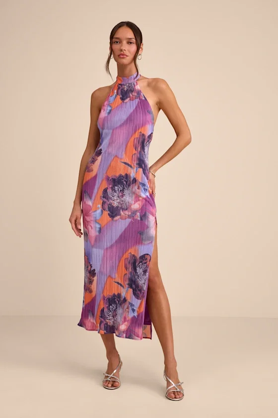 Image of Luala Purple Multi Print Plisse Backless Maxi Dress