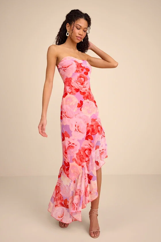 Image of Simia Lavender Multi Floral Asymmetrical Midi Dress