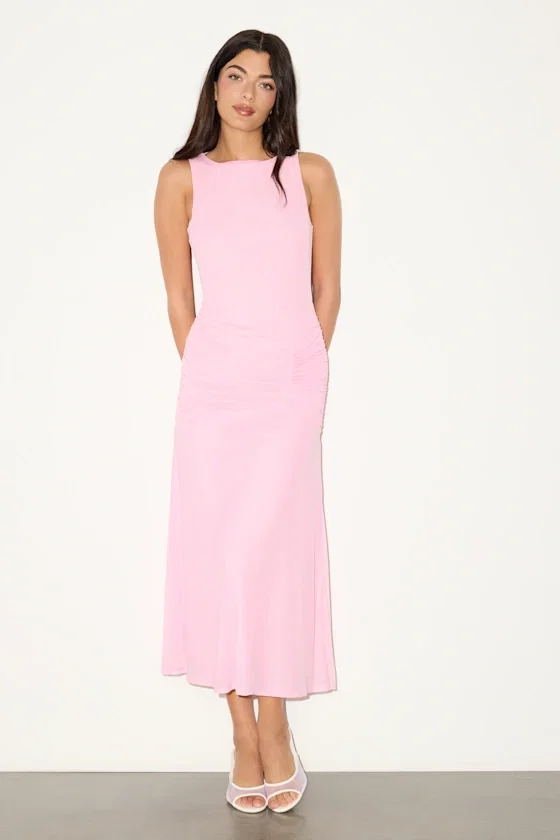 Image of Loren Light Pink Mesh Ruched Midi Dress