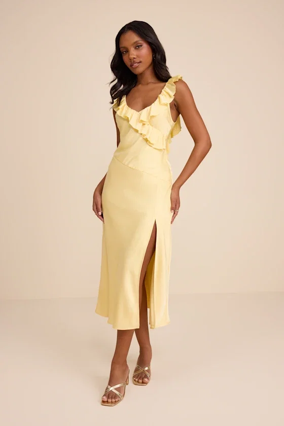Image of Lenny Pale Yellow Satin Ruffled Midi Dress