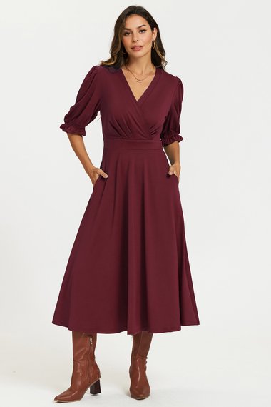 Half Sleeves Jersey Midi Dress with Wrap Neckline