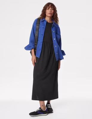 Jersey Round Neck Midi Waisted Dress