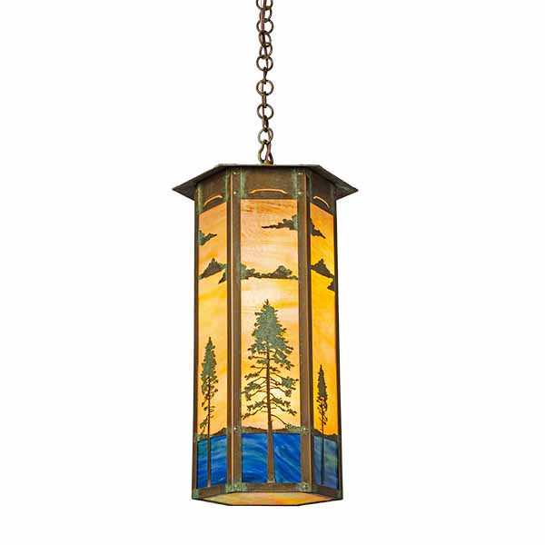 A large hexagonal chandelier with a sequoia tree.