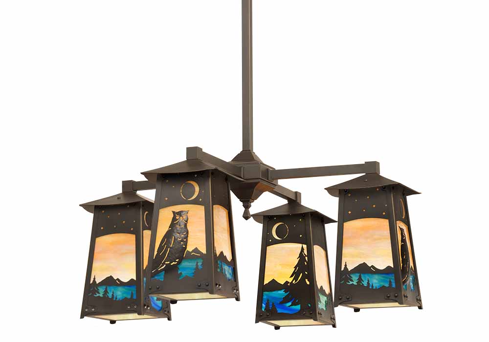 An Art Nouveau chandelier with owl and lake artwork.