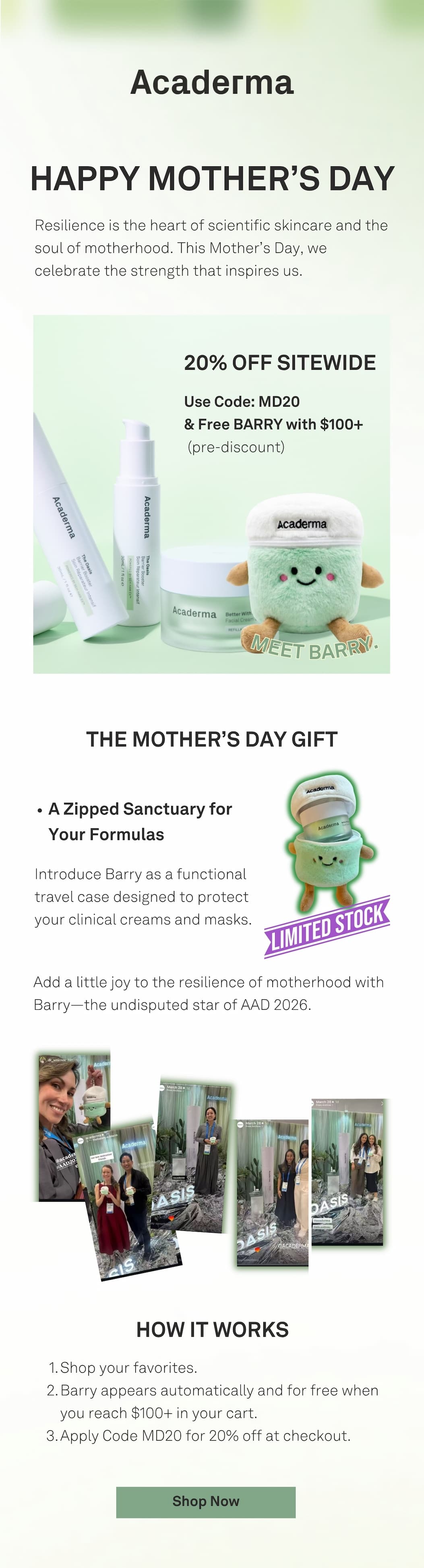 Celebrate Mother’s Day with 20% off and a free limited-edition Barry travel case on orders $100+.