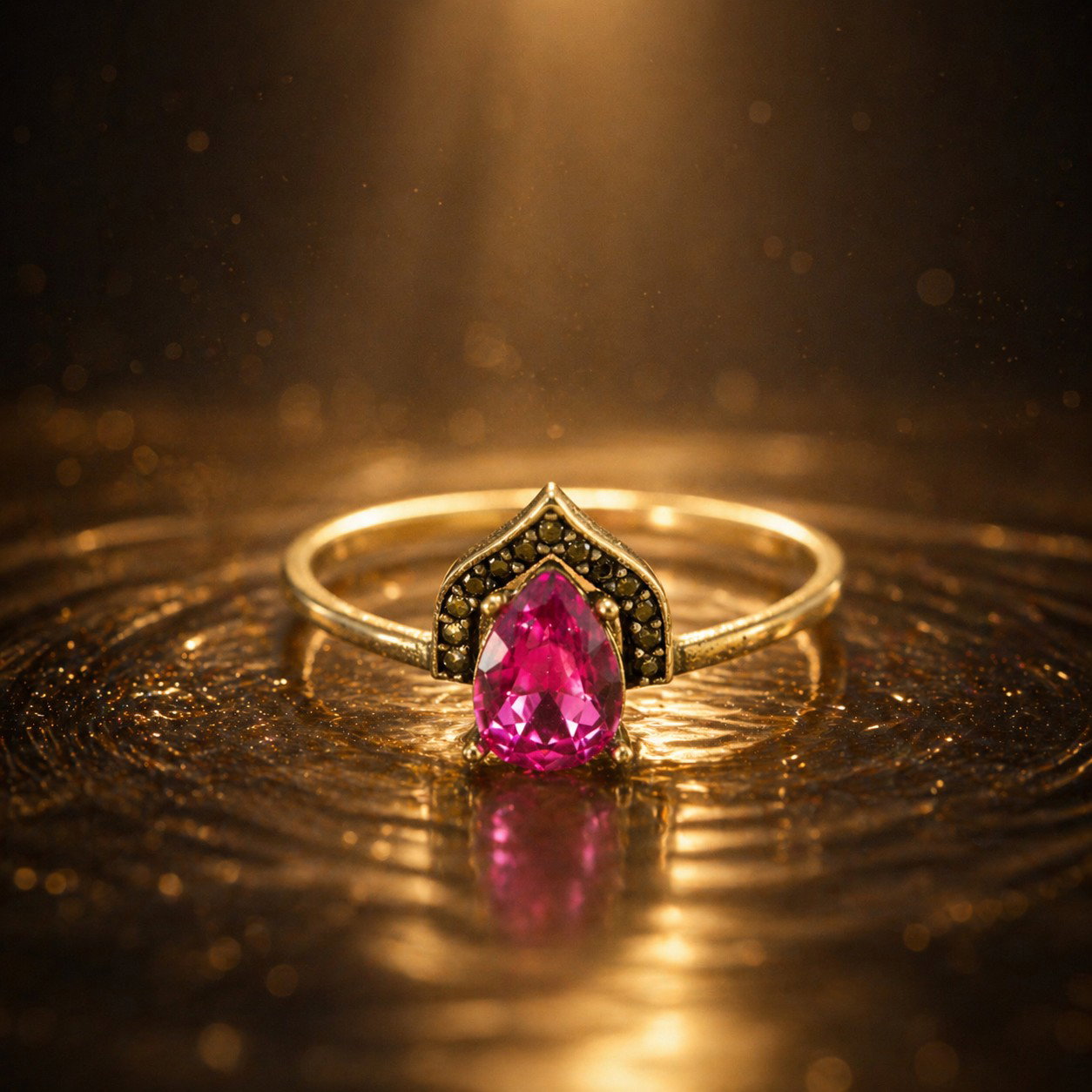 Arabeque design gold colored ring with large pink stone
