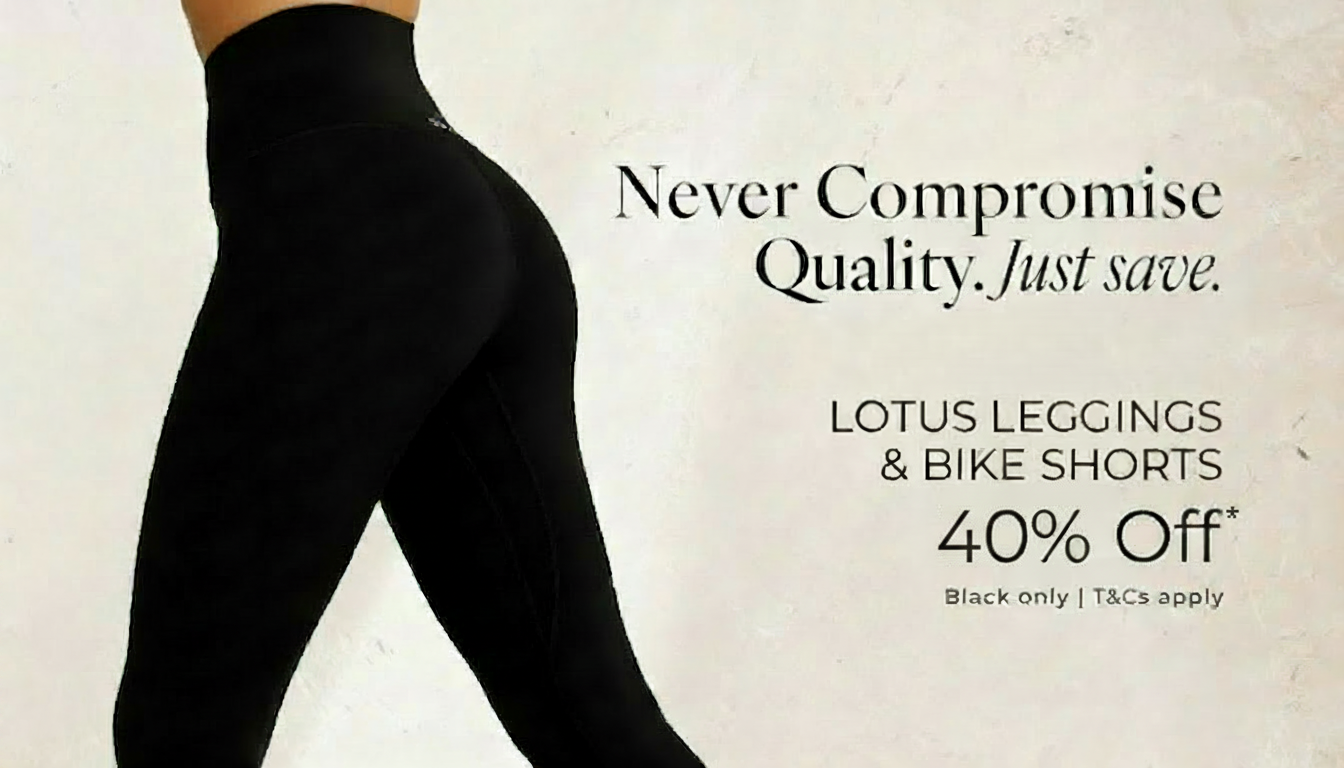 Black leggings and bike shorts on sale for 40% off.