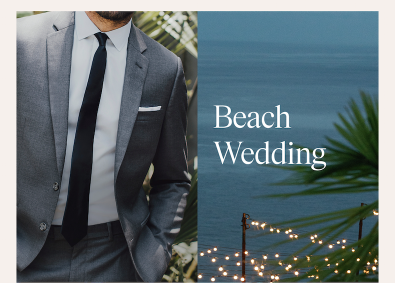 Split-panel lifestyle image. Left panel shows a close-up of a man wearing a grey suit with a white dress shirt, black tie, and white pocket square, standing among tropical greenery. Right panel shows a beachside venue at dusk with string lights and palm fronds, overlooking open water. Text overlay reads: "Beach Wedding"
