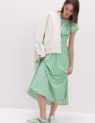 Gingham Puff Sleeve Midi Waisted Dress