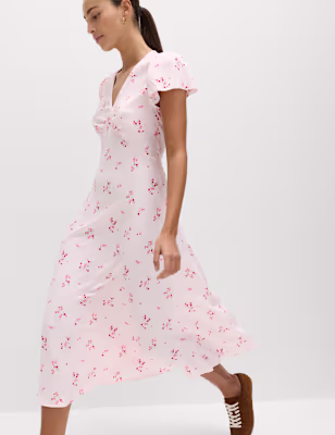 Printed V-Neck Midi Tea Dress