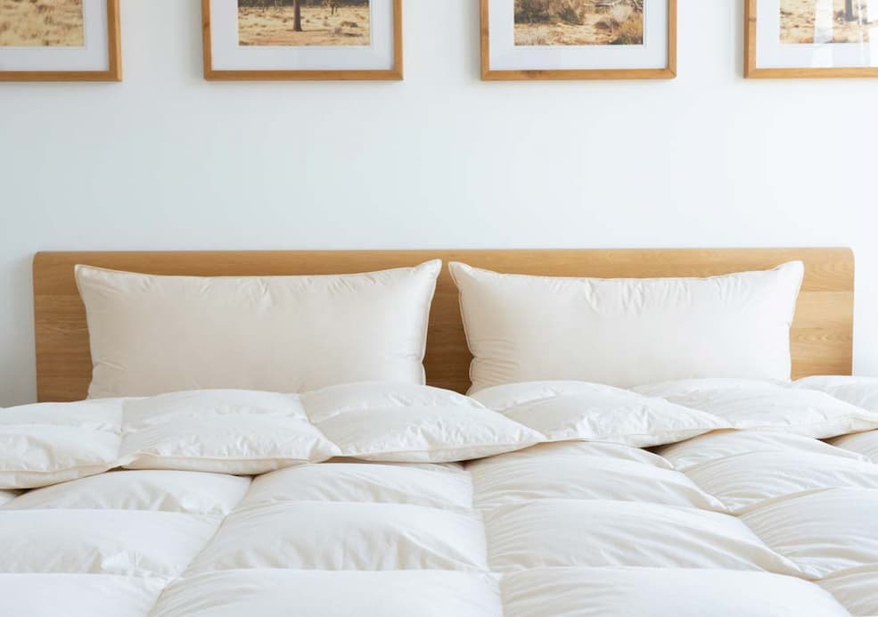 Two Organic Down Pillows on a bed with a comforter and picture frames above