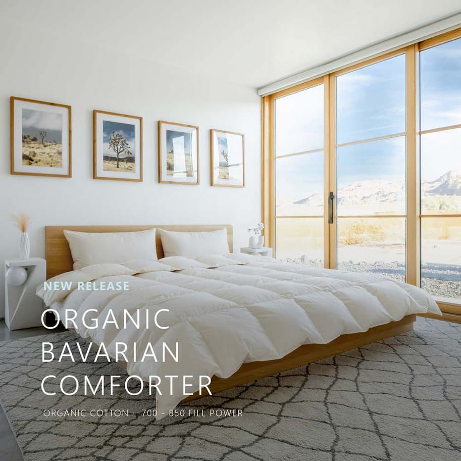 The new Organic Bavarian Down Comforter in a bright bedroom in the desert