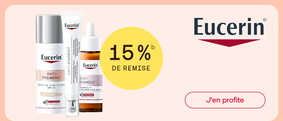 Produits Eucerin Anti-Pigment en vedette: serum, soin de jour et correcteur pour un teint plus uniforme. Une remise de 15 pour cent est mise en avant avec un bouton « J’en profite », invitant a decouvrir cette offre de soin ciblee.
