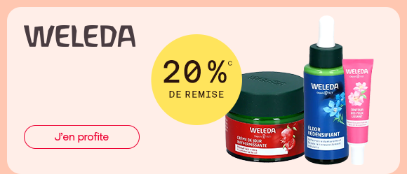 Produits de soin Weleda en vedette: creme visage, elixir raffermissant et soin des yeux pour une beaute naturelle. Une remise de 20 pour cent est mise en avant avec le bouton « J’en profite », invitant a profiter de cette offre.