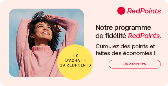 Une femme profite du soleil, symbole de bien-etre et de joie de vivre. Le programme de fidelite RedPoints est mis en avant: cumuler des points et economiser. Mention « 1 CHF d’achat = 10 RedPoints » et bouton « Je decouvre » invitent a en profiter facilement.