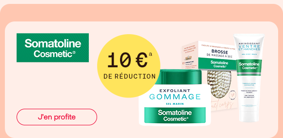 Produits de soin Somatoline Cosmetic au centre: gommage, creme raffermissante et brosse de massage avec une reduction de 10 euros. Une mise en page claire avec bouton « J’en profite » invite a profiter d’offres de soin efficaces et visibles.