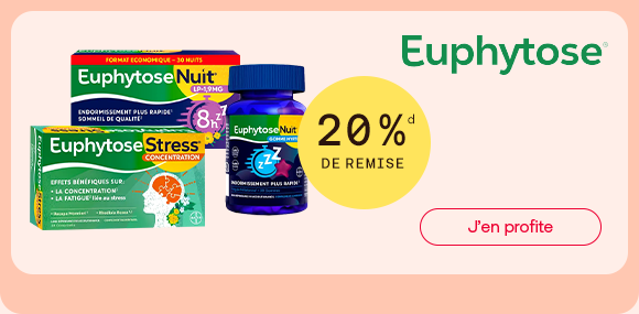 Produits Euphytose pour la detente et le sommeil en vedette: comprimes anti-stress et capsules nuit favorisent relaxation et repos. Une remise de 20 pour cent est mise en avant avec le bouton « J’en profite », invitant a profiter de cette offre.