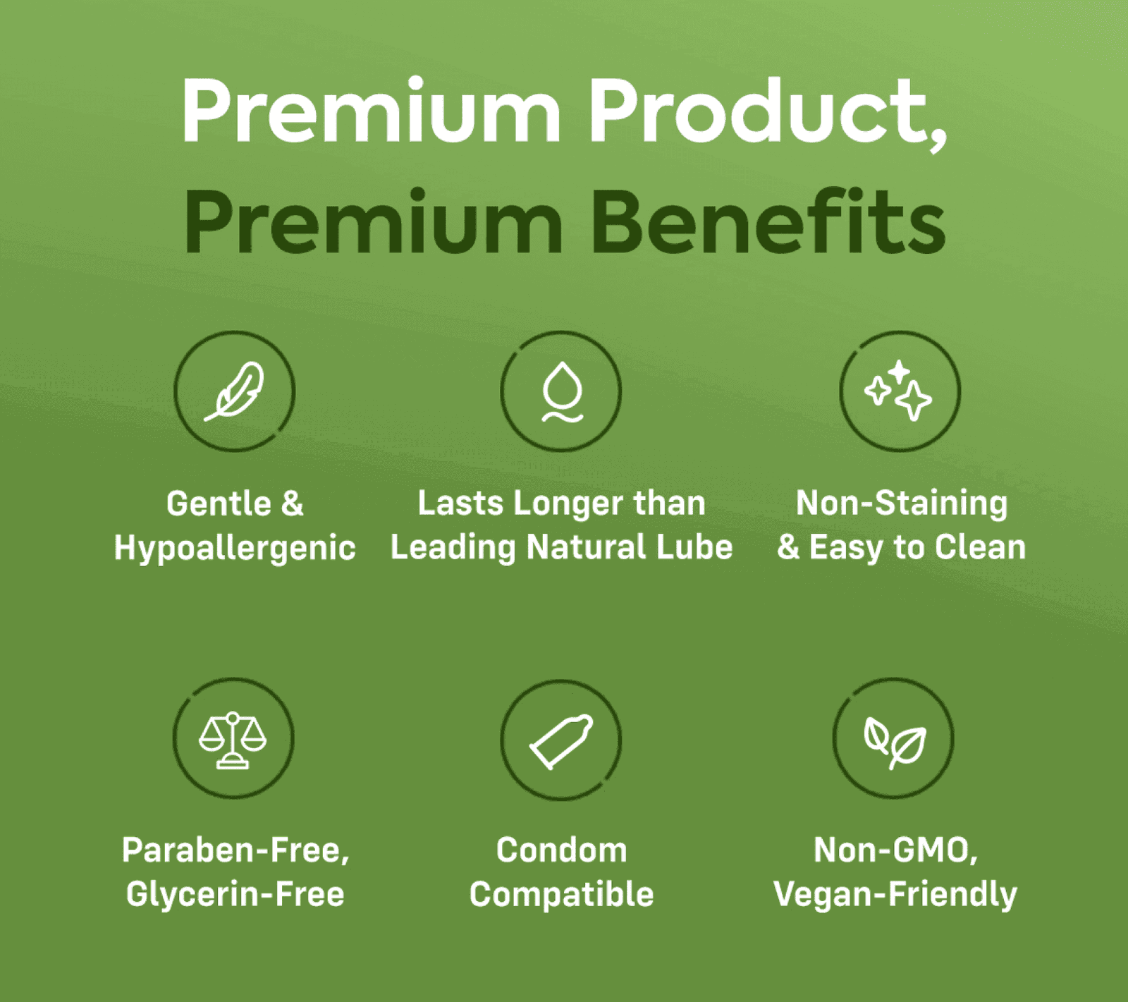 premium product, premium benefits - gentle & hypoallergenic - last longer than leading natural lube - non-staining & easy to clean - paraben-free, glycerin-free - condom compatible - non-gmo, vegan-friendly