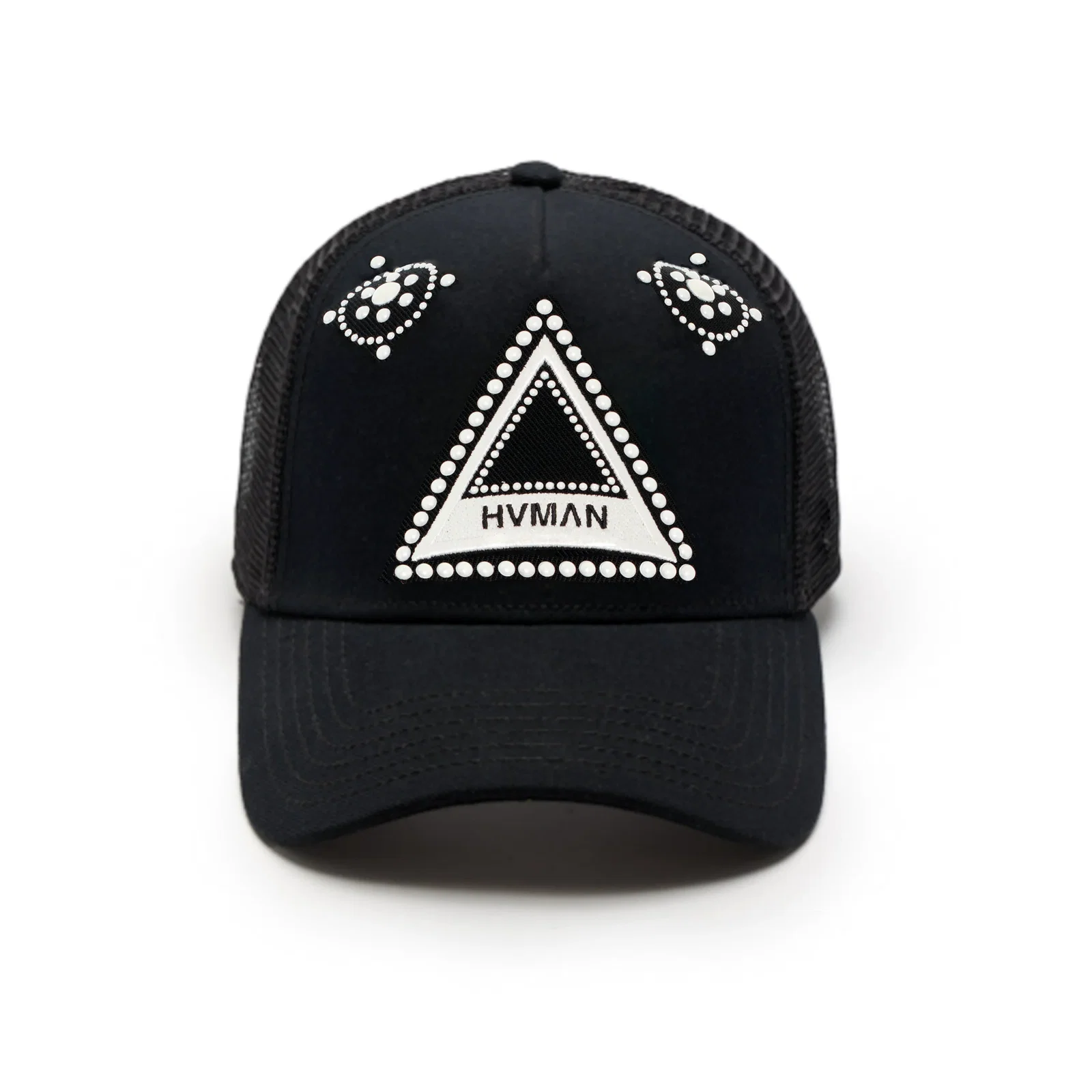 Image of Hvman's Triangle Logo Mesh Trucker Hat in Black