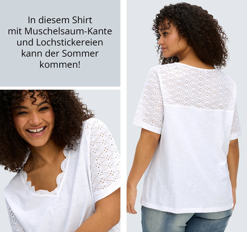 Model in weißem Shirt mit Muschelsaum-Kante am Ausschnitt und Lochstickerei an den Ärmeln und am Rücken oben