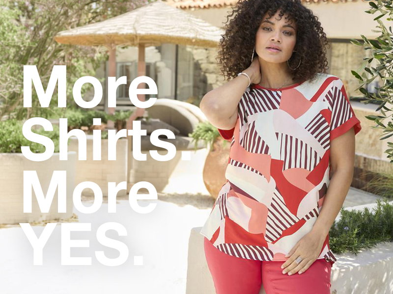 Werbebanner mit Model in graphisch gemustertem Shirt und Text: More Shirts. More YES.