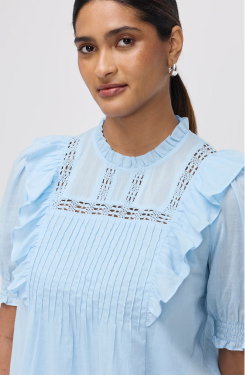 Jolin Pale Blue Lace Cotton Puff Sleeve Top