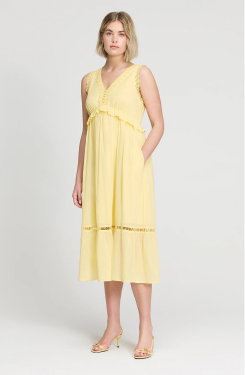 Myriam Yellow Lace Sleeveless Tiered Cotton Midi Dress