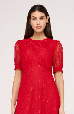 Mela Red Lace Round Neck Puff Sleeve Midi Tea Dress