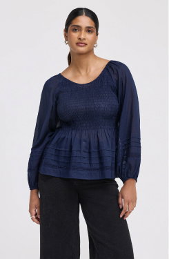 Jennie Navy Cotton Lace Blouson Sleeve Top