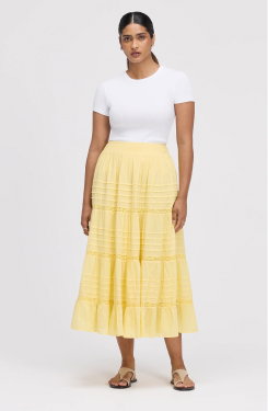 Imani Yellow Cotton Lace Tiered Midi Skirt