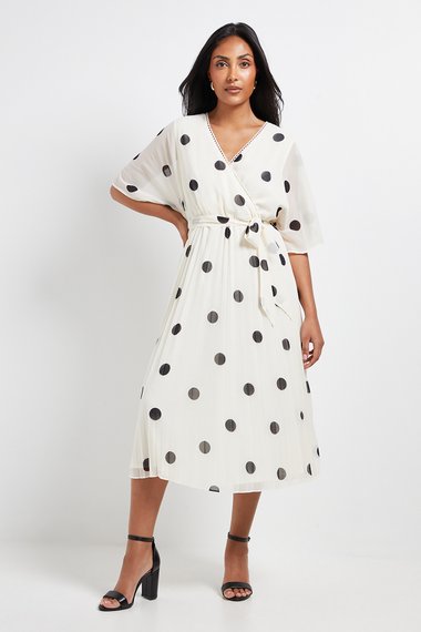 Petite Polka Dot Pleated Midi Dress