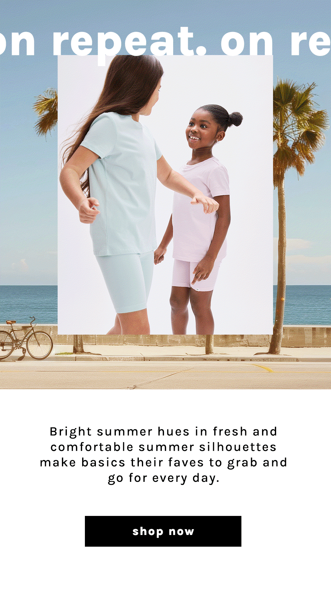 Images of boys and girls wearing summer basics. Matching top and shorts in different colours like seafoam, royal blue, sky blue and lavender
