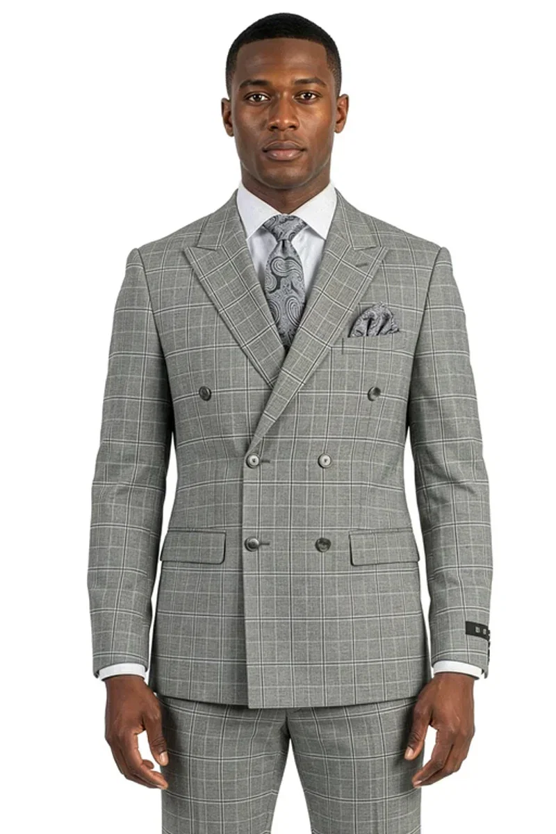 Men's Stacy Adams Double Breasted Suit in Light Grey Windowpane Plaid