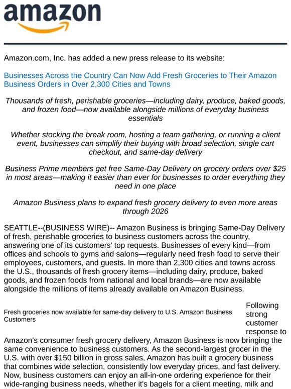 Amazon - Businesses Across the Country Can Now Add Fresh Groceries to Their Amazon Business Orders in Over 2,300 Cities and Towns