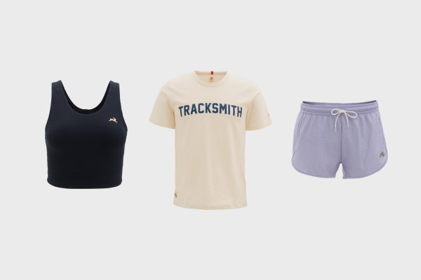 Tracksmith tank top, t-shirt and short.