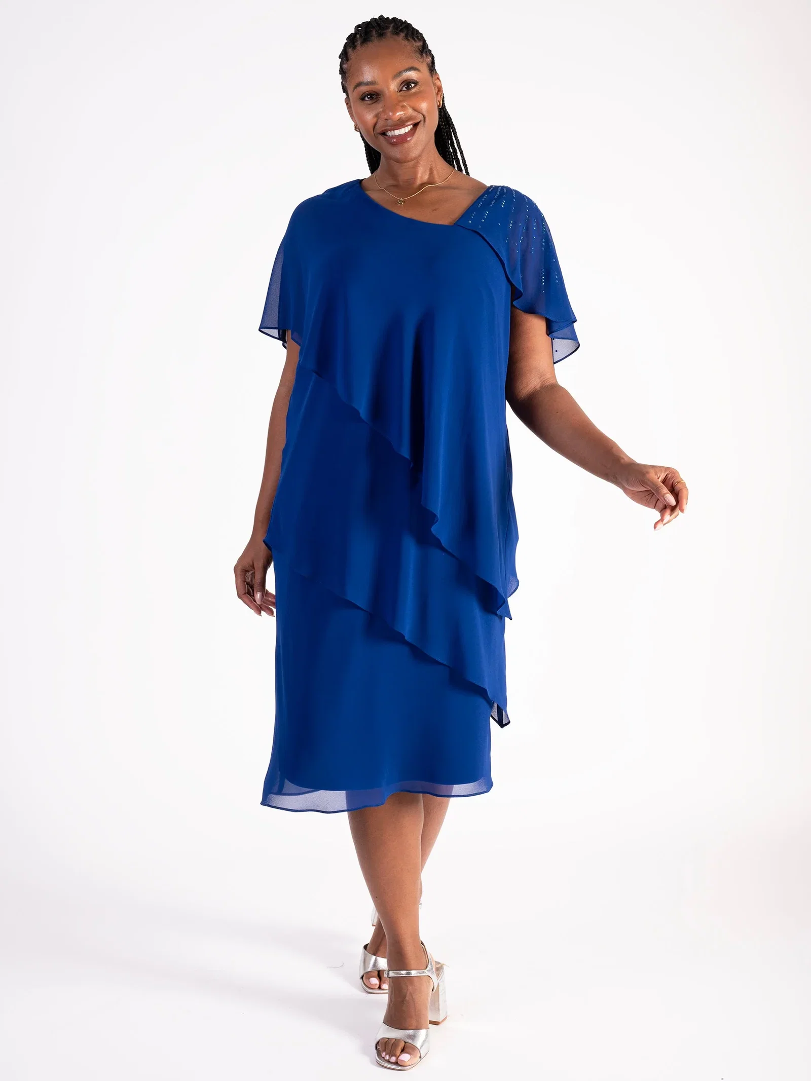 Image of Cobalt Tiered Chiffon Dress with Asymmetric Neckline and Shoulder Diamanté Detail