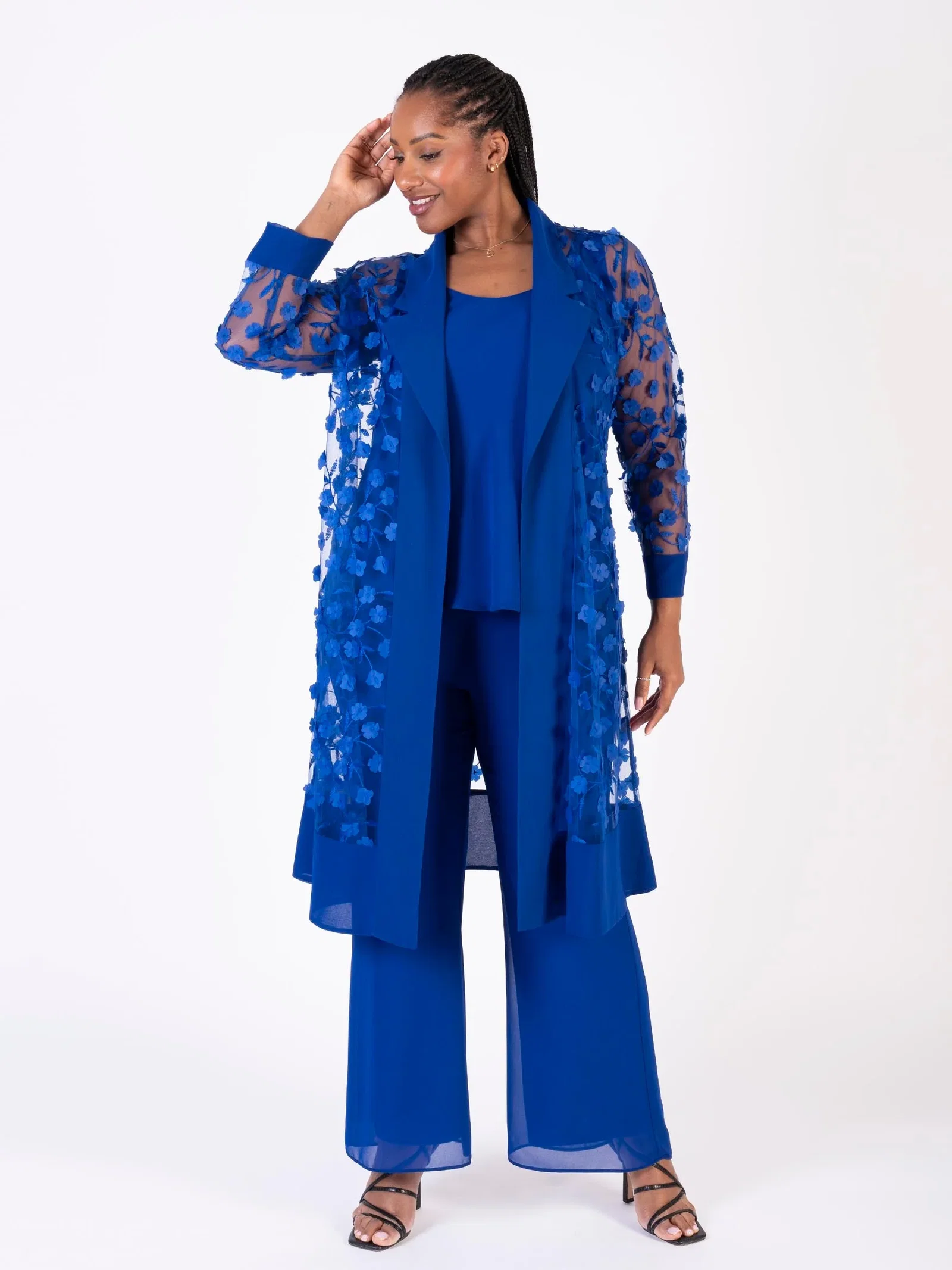 Image of Cobalt 3-D Daisy Embroidered Mesh Coat with Chiffon Trim