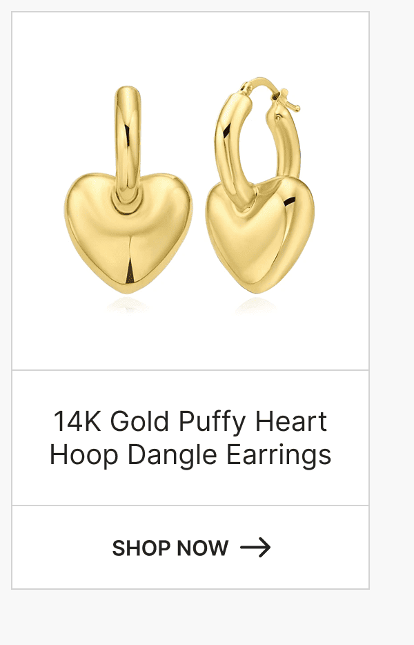 14K Gold Puffy Heart Hoop Dangle Earrings