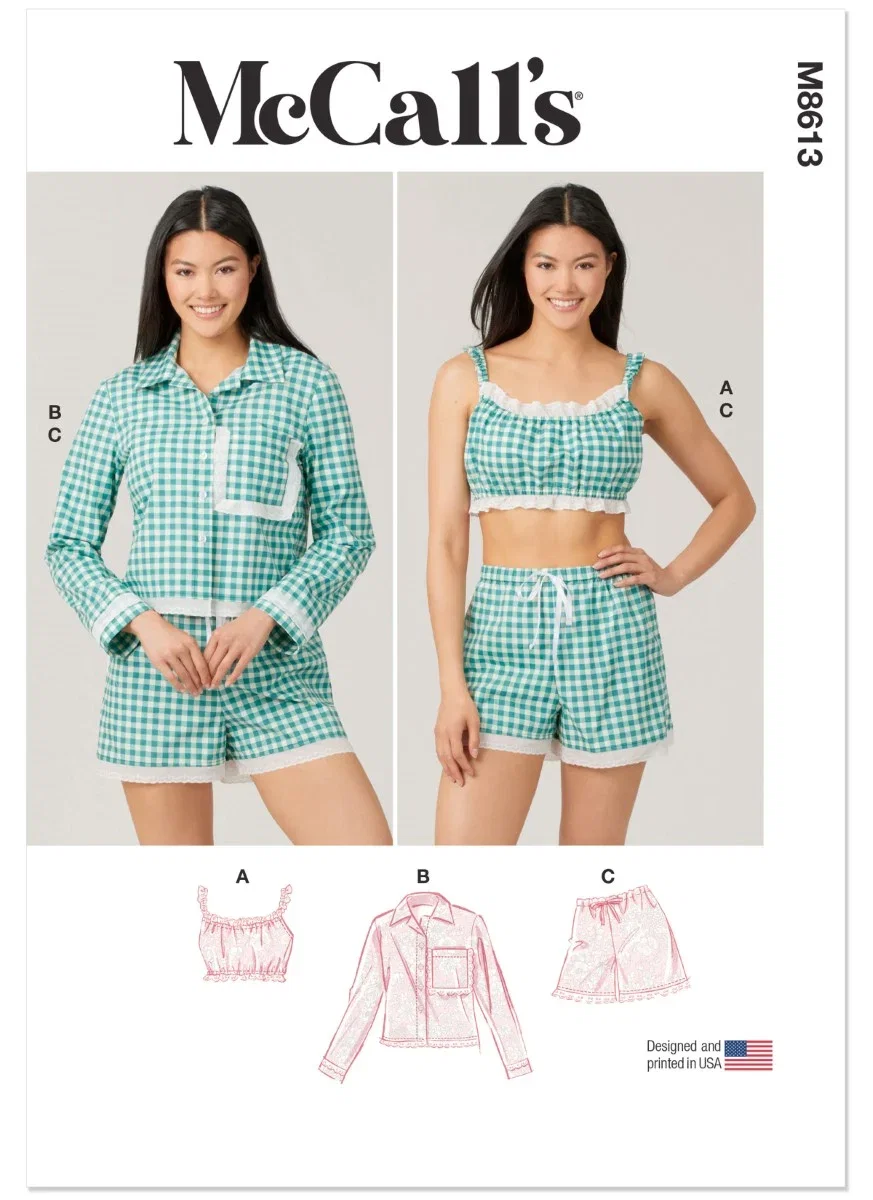 Image of McCalls Sewing Pattern M8613 (A) Misses Bralette, Shirt, Shorts  XS-S-M-L-XL-XXL