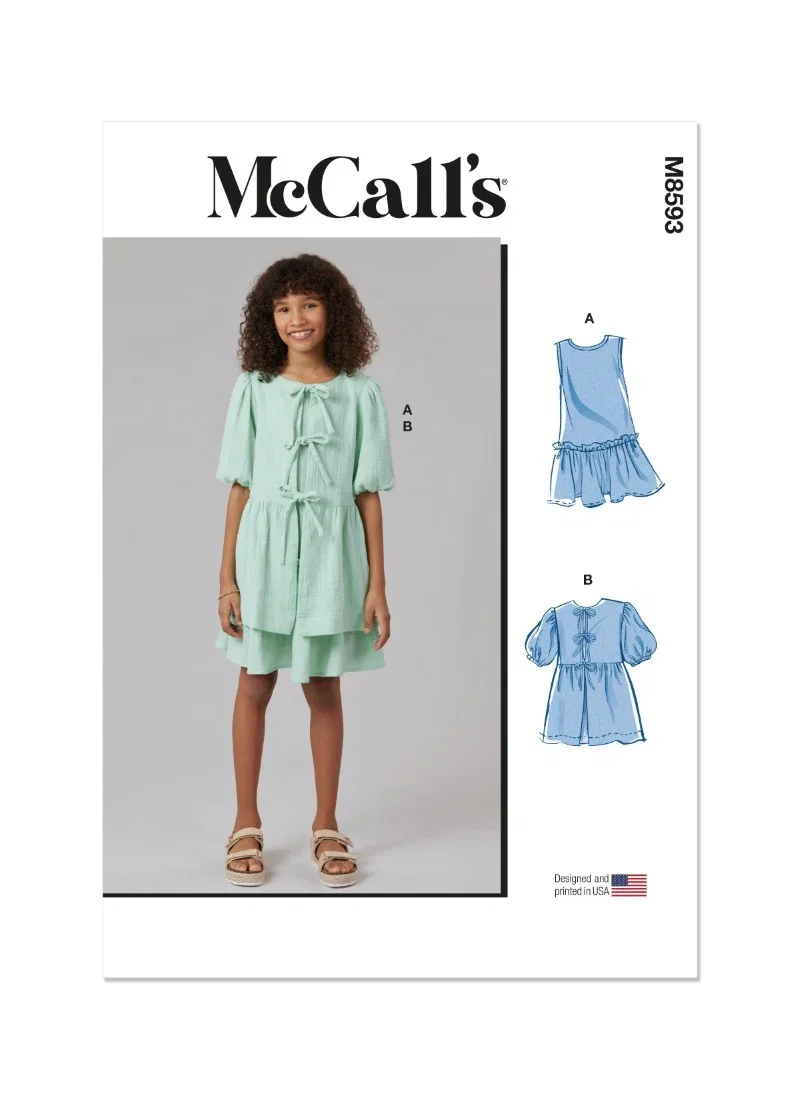 Image of McCalls Sewing Pattern 8593 (A) Girls Dress and Top  7-14