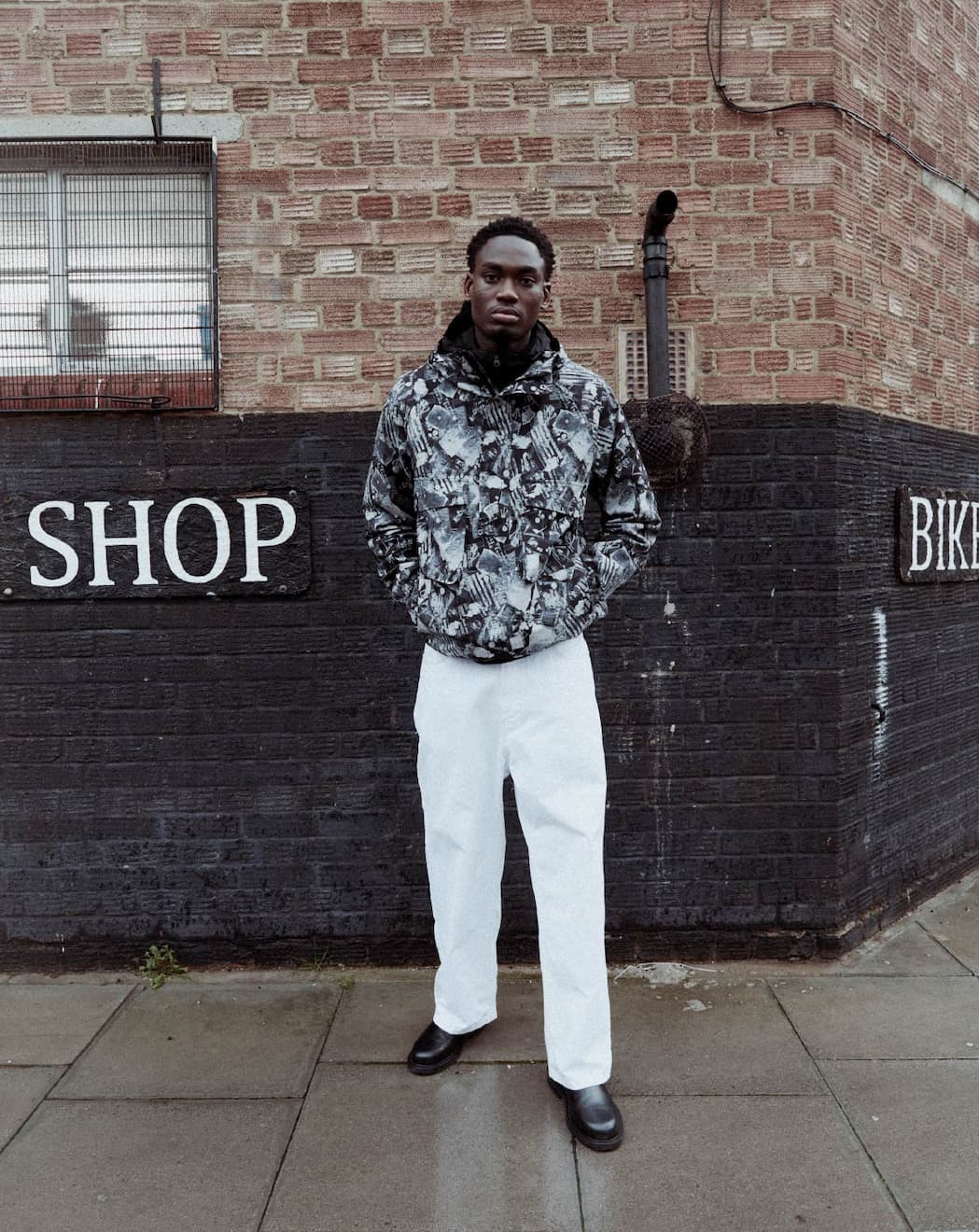 Model wearing Industrial Print Hooded Anorak Jacket, 