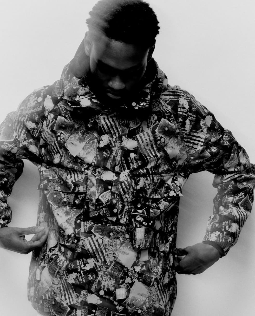Model wearing Industrial Print Hooded Anorak Jacket, 