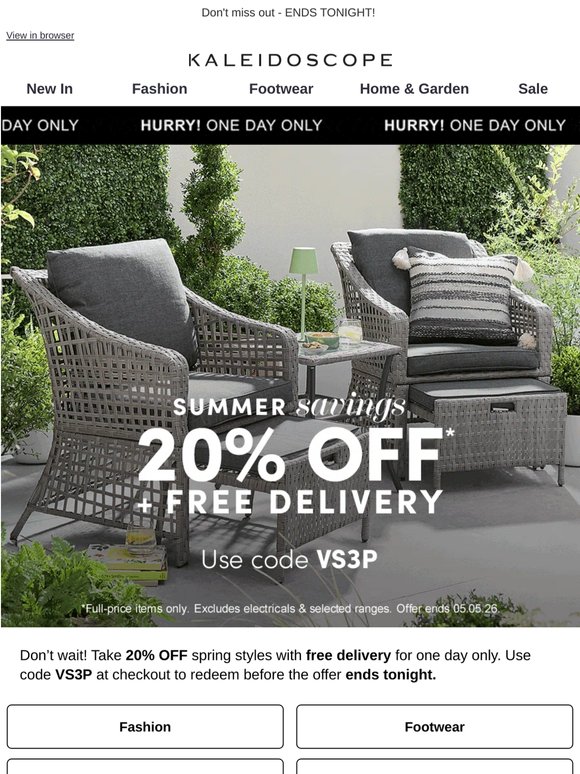 1 Day Only - 20% off + Free Delivery